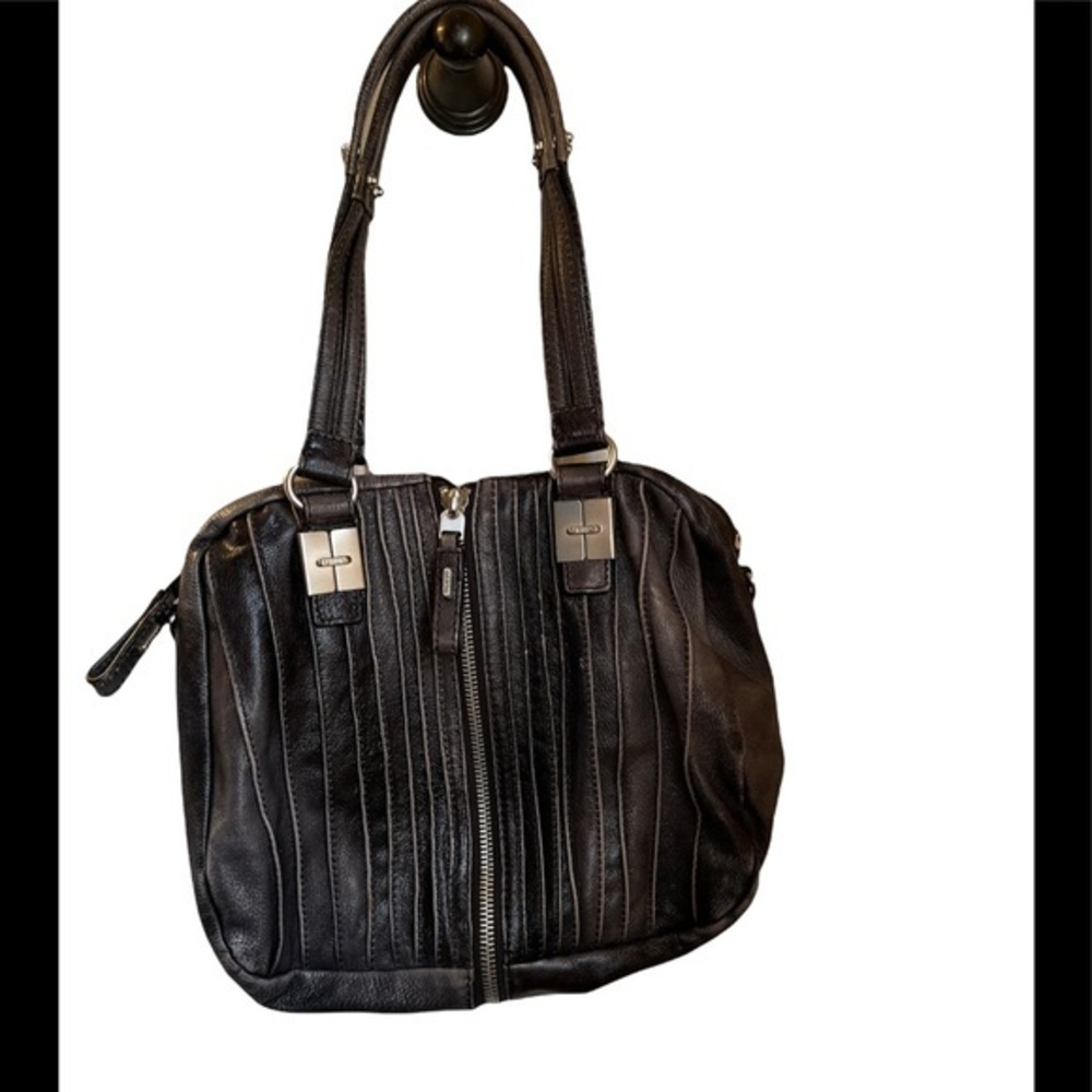 Tulah Ray Gray Distressed Leather Split Zip Satchel GUC